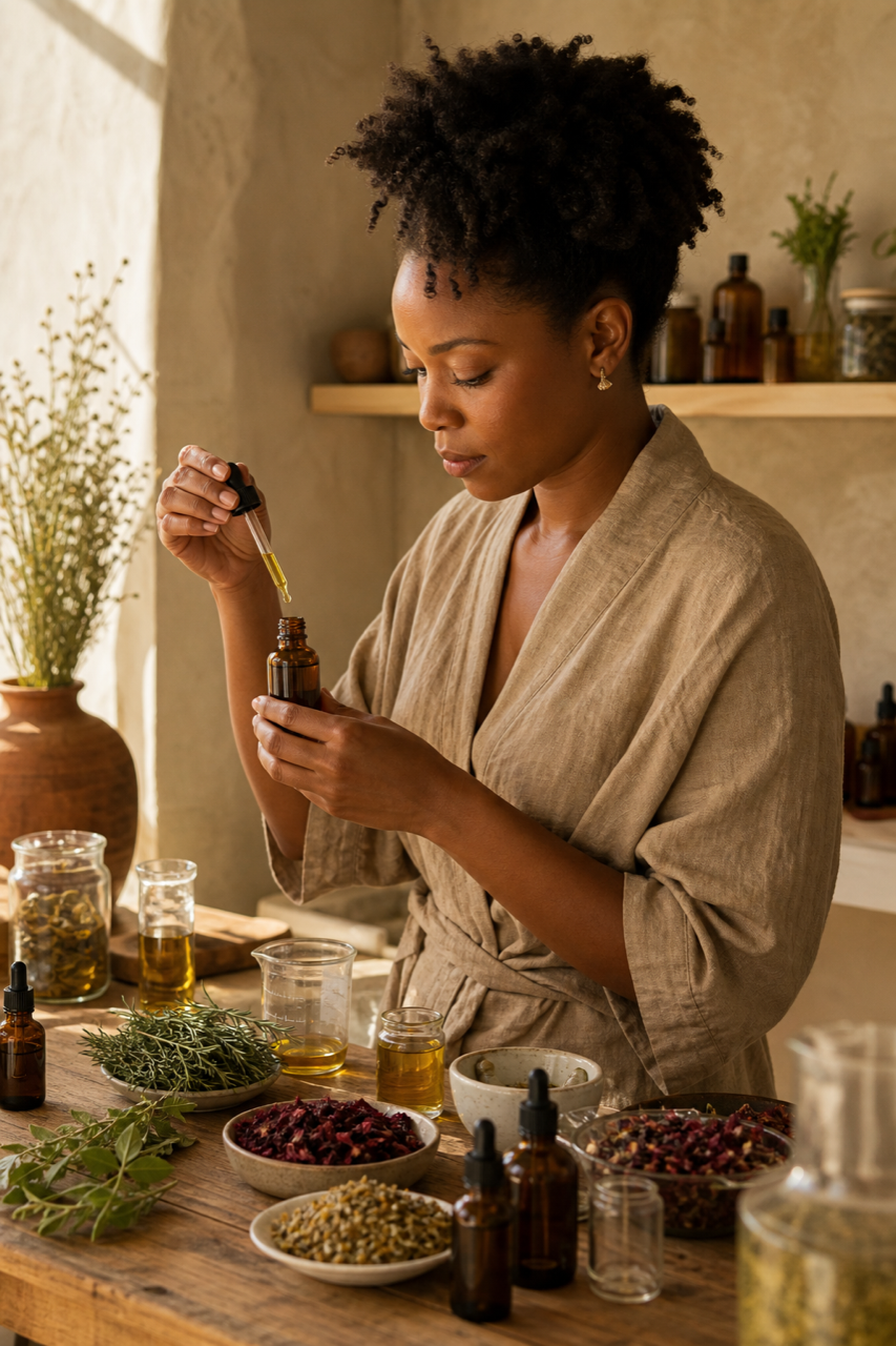 Natural hair care artisan preparing botanical oil in a warm small-batch studio