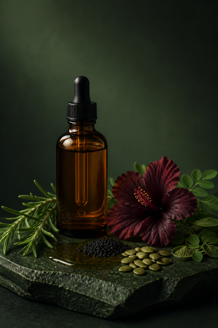Botanical hair growth oil in an amber dropper bottle