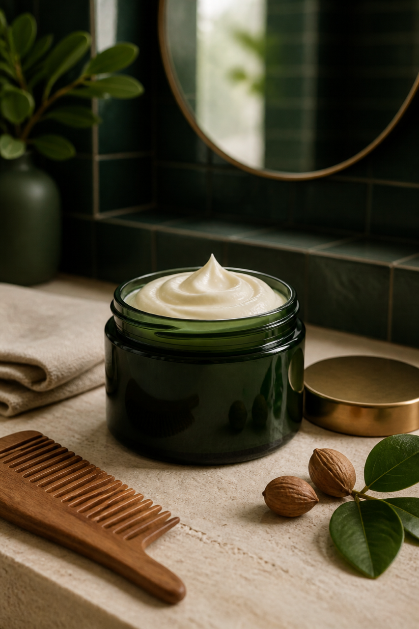 Shea Butter Hair Cream in a green jar with a wooden comb and shea nuts