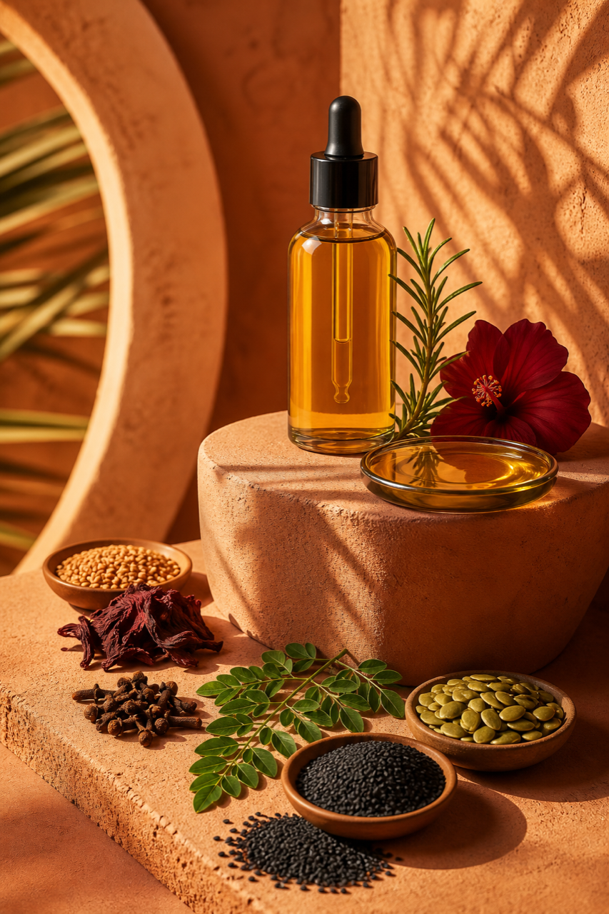 Hair Growth Oil campaign with amber bottle, terracotta forms and botanical ingredients