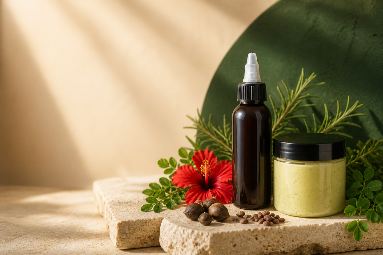 WM&R Naturals dark hair oil bottle and pale green hair cream styled with botanicals