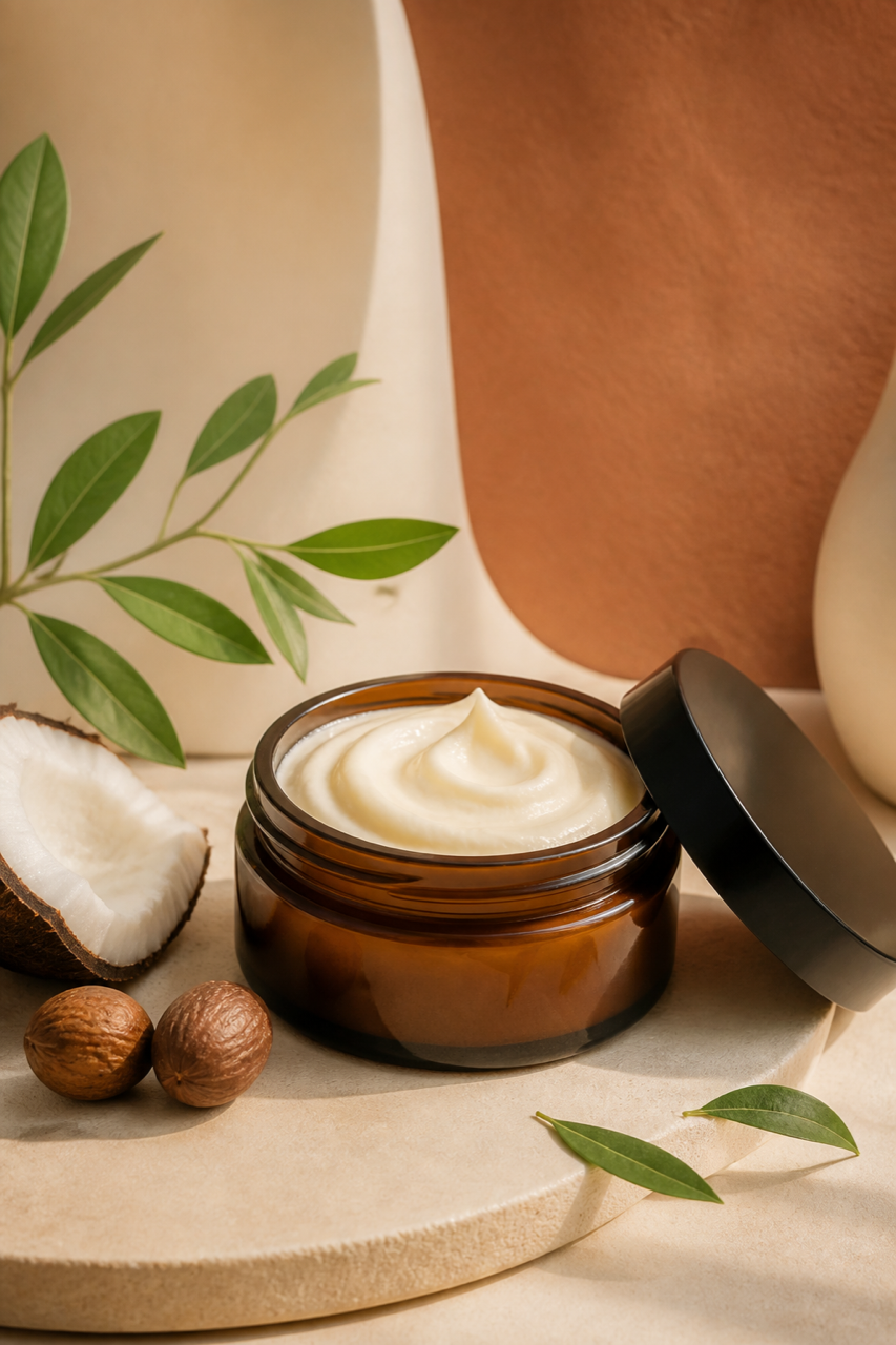 Shea butter hair cream in an amber jar